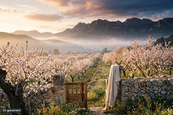 Mandelblüte im Morgenlicht vor der Serra de Tramuntana auf Mallorca