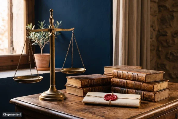 Messingwaage mit alten Gesetzbüchern und Siegel