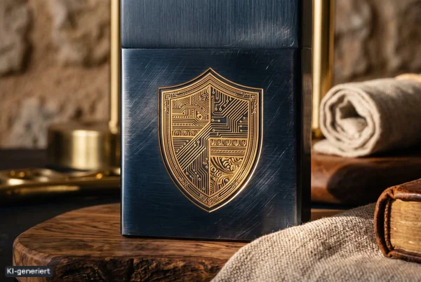 Goldenes Schildemblem auf dunklem Navy-Metall