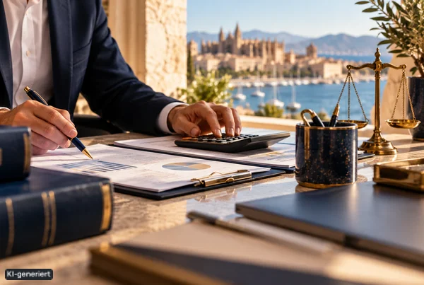 Steuerberater prüft Finanzunterlagen mit einem Taschenrechner an einem Schreibtisch mit mediterranem Hafenblick.