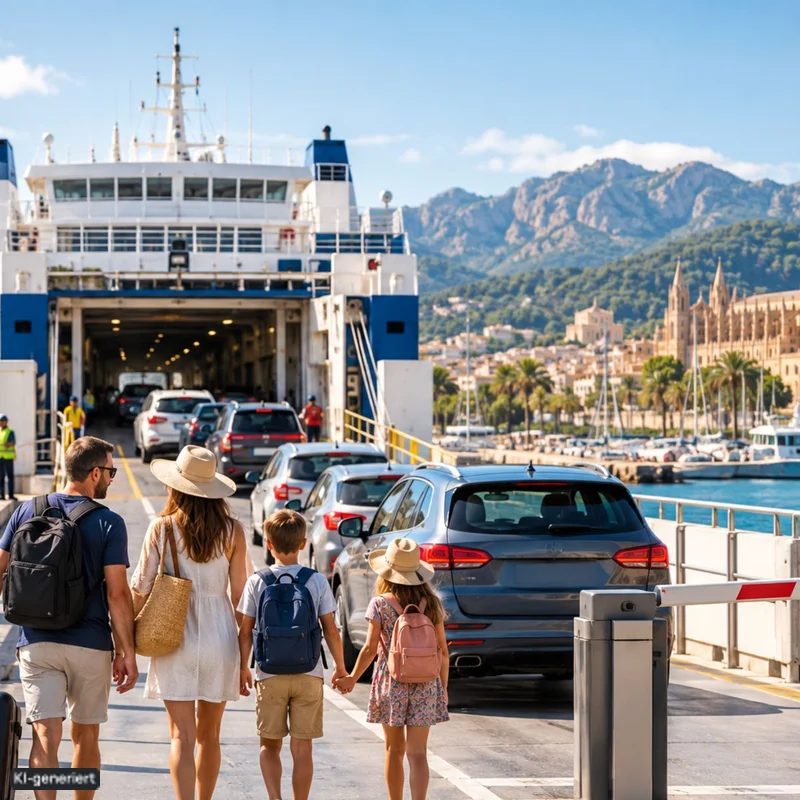 KI-Illustration: Familie kommt mit Fahrzeug via Fähre auf Mallorca an