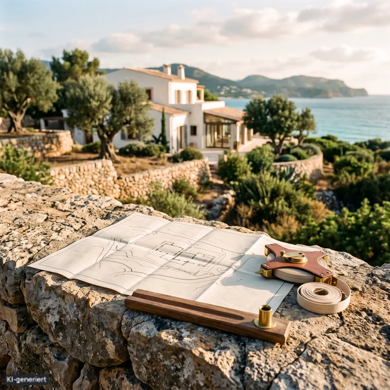 Maßband und Lageplan auf einer Steinmauer mit Blick auf einen Neubau auf Mallorca