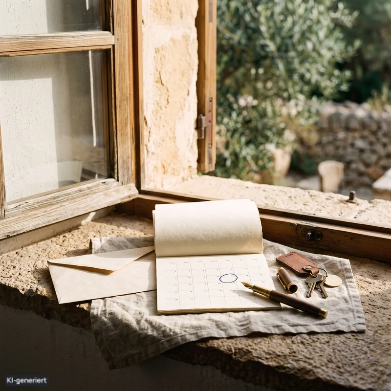 Spanisches Steuerformular und Wandkalender mit markierter Frist auf einer sonnigen Fensterbank