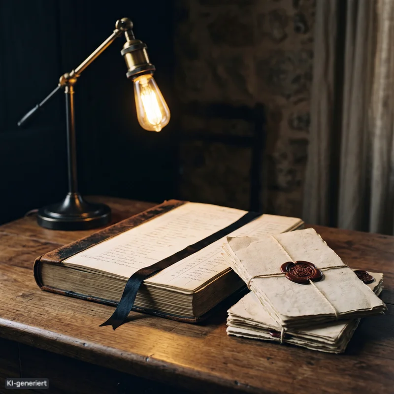 Aufgeschlagenes Hauptbuch unter einer Schreibtischlampe neben gestempelten Mahnungen