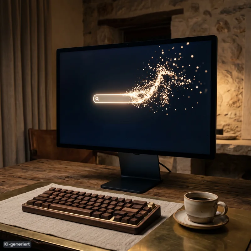 Leuchtende Suchleiste auf einem Monitor, die sich in Lichtpartikel auflöst