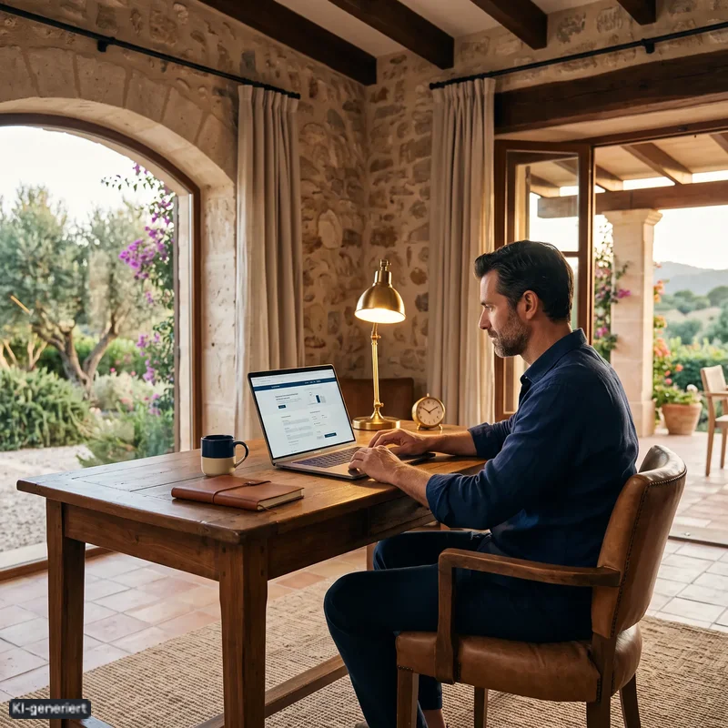 KI-Illustration: Mann zahlt seine Gemeindesteuern auf Mallorca am Laptop