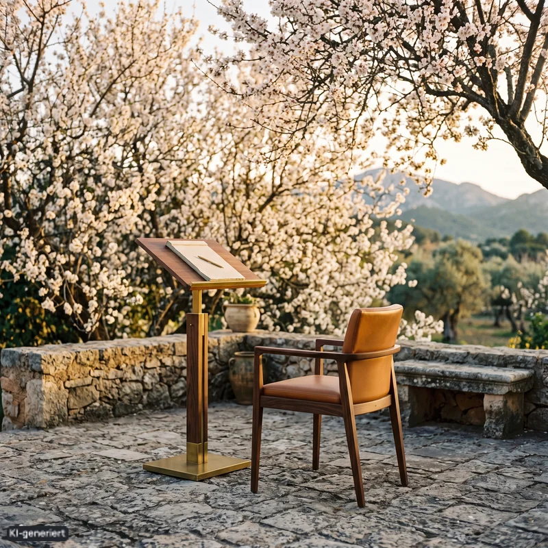 Blühende Mandelbäume auf einer Finca-Terrasse mit Rednerpult und Konferenzstuhl