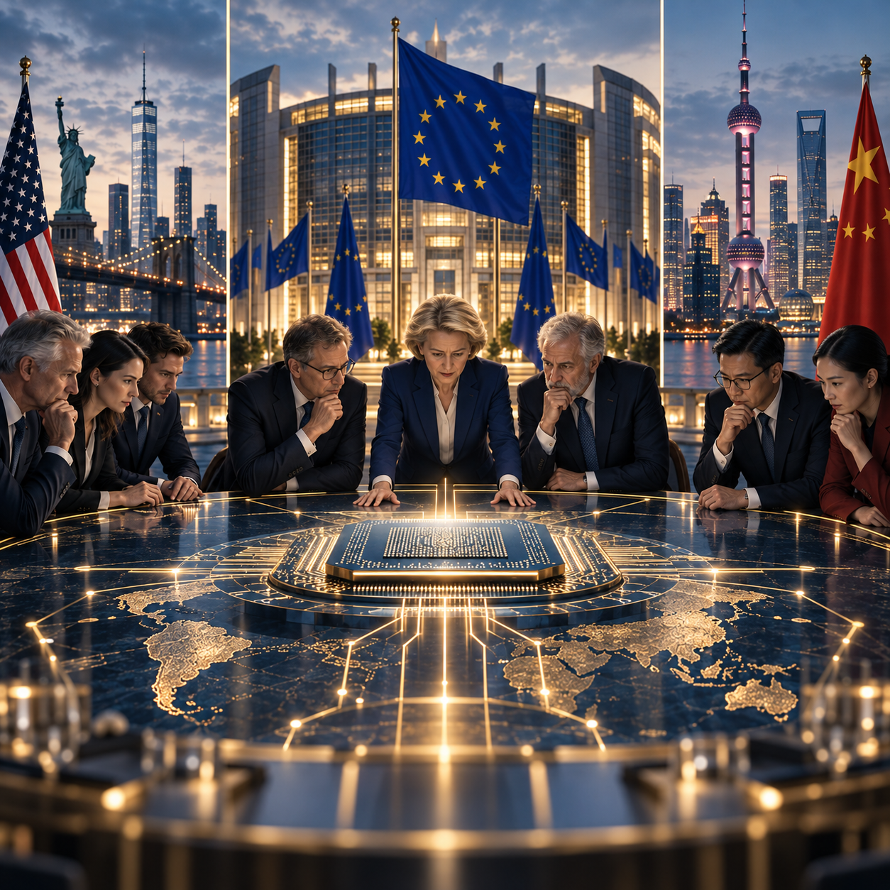 Moderner europäischer Konferenztisch als Sinnbild für Reformen und verantwortungsvolle KI-Regulierung